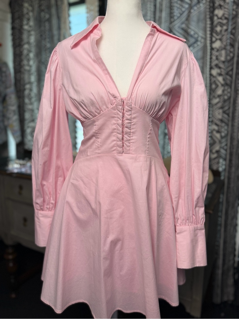 Hello Molly Blush Pink Long-Sleeve Corset Waist Fit-and-Flare Dress